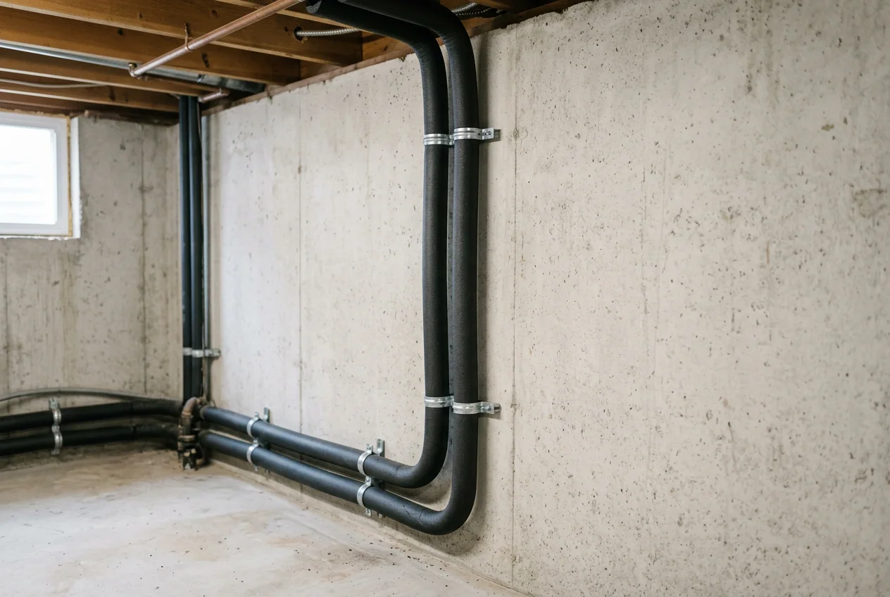Insulated refrigerant lines clamped along a basement wall